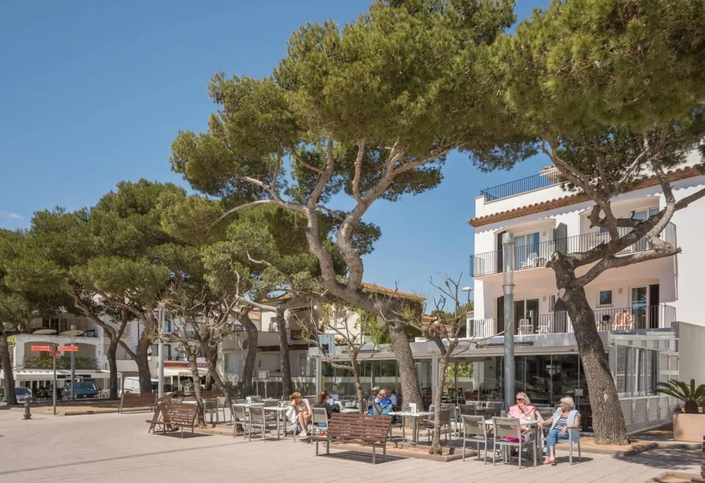 Terrasse ombragée avec tables et chaises près d'un bâtiment.