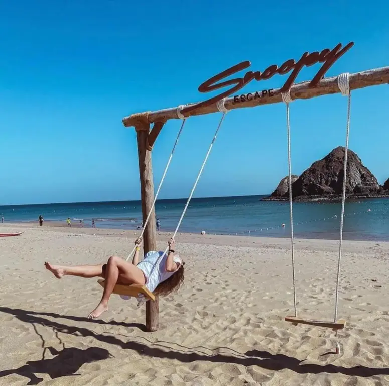Une personne se balance sur une balançoire en bois sur une plage de sable fin.