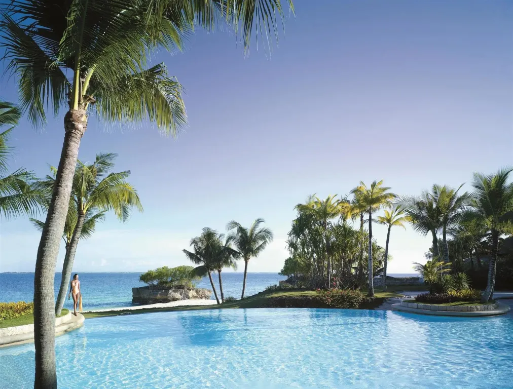 Une piscine à débordement offre une vue sur la mer et la végétation tropicale.