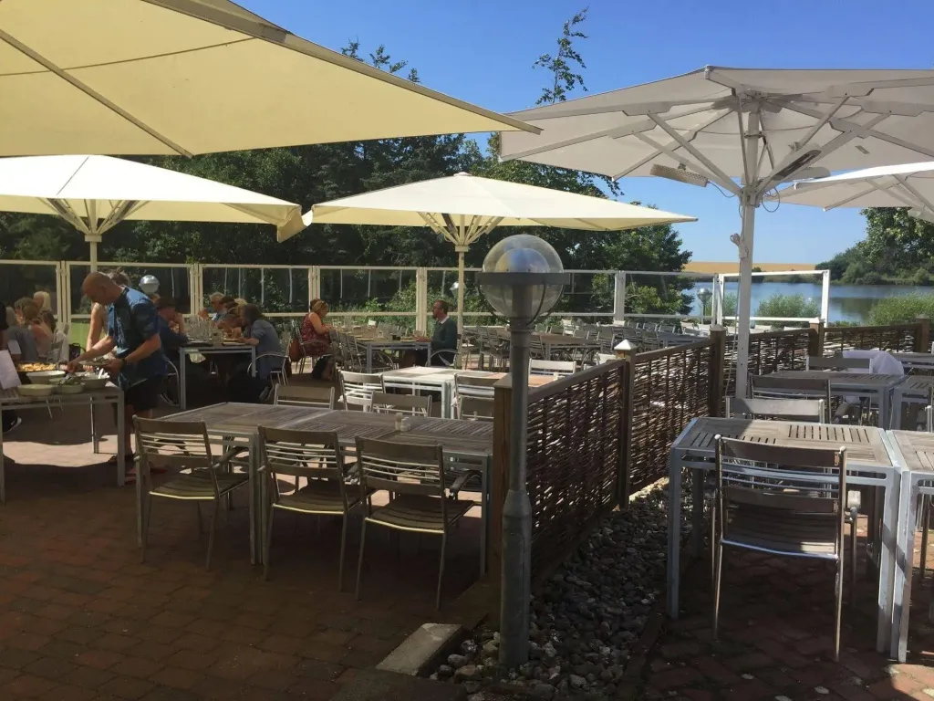 Une terrasse ombragée avec des tables et des chaises accueillent des clients.
