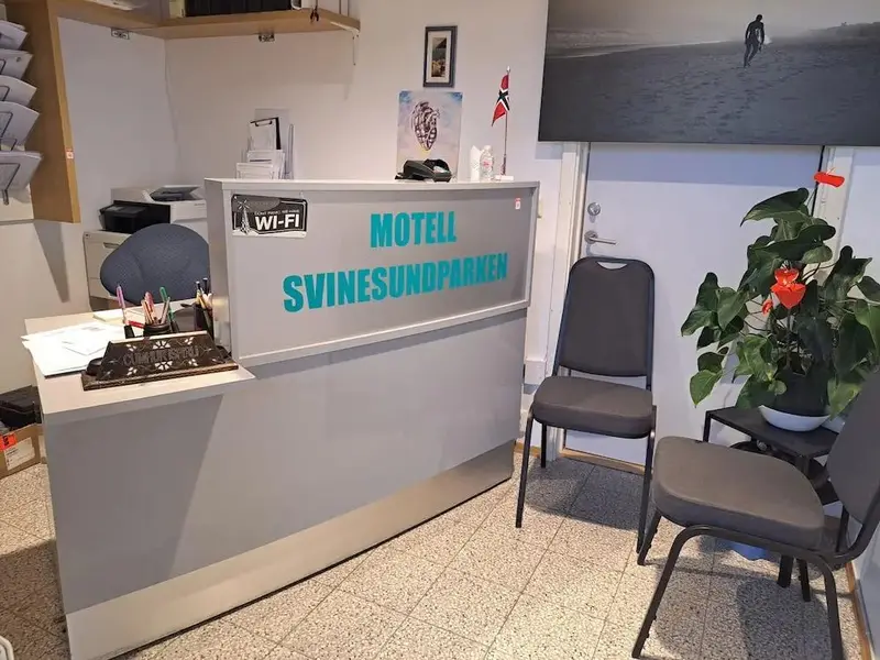 Un comptoir d'accueil avec une plante et des chaises d'attente.