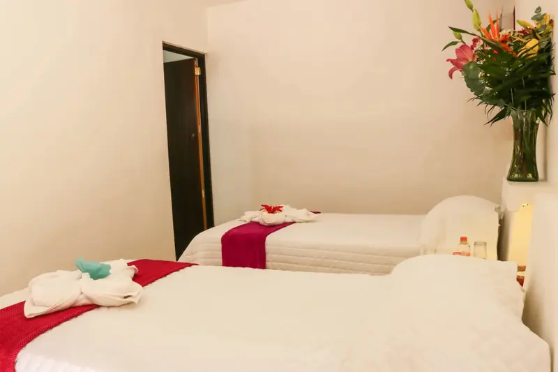 Deux lits préparés avec soin dans une pièce lumineuse et décorée de fleurs.
