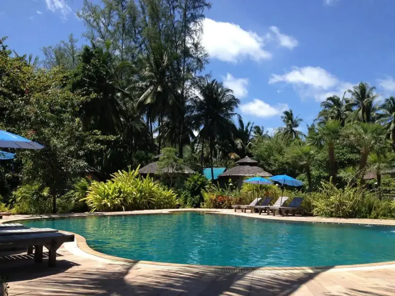 Une piscine turquoise entourée de végétation luxuriante sous un ciel bleu.