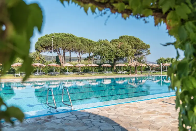 Une piscine rectangulaire bordée d'une terrasse en pierre et ombragée de parasols.