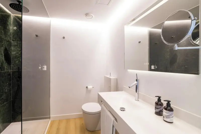 Une salle de bain moderne avec douche à l'italienne et grand miroir.
