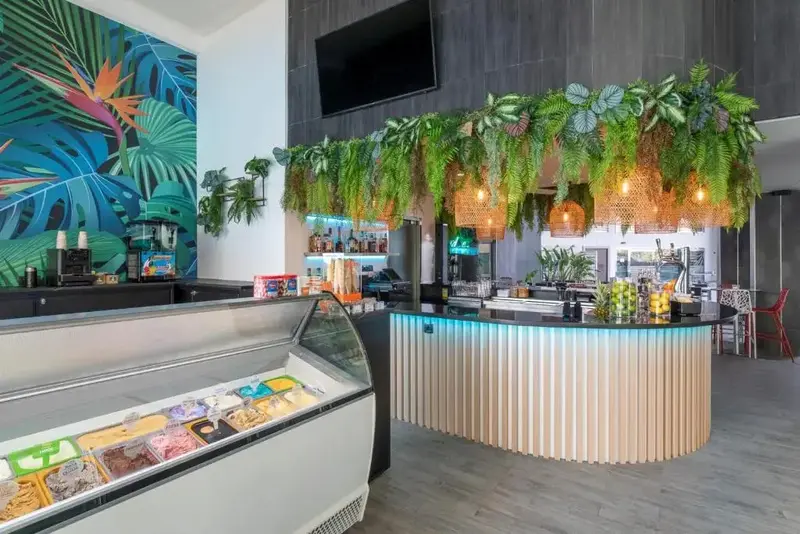Un comptoir de bar moderne avec une décoration tropicale et un présentoir à glaces.