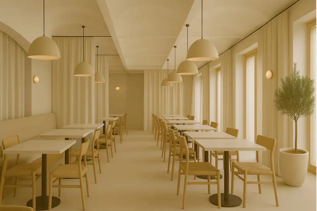 Une salle lumineuse avec des tables et des chaises disposées en rangées.