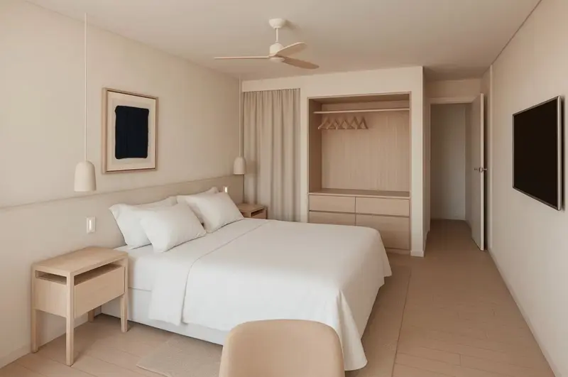 Une chambre lumineuse avec un grand lit et un placard intégré.