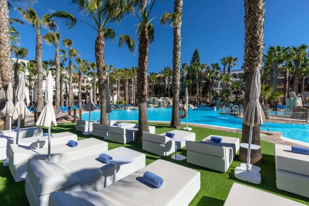Transats blancs disposés autour d'une piscine bordée de palmiers sous un ciel bleu.