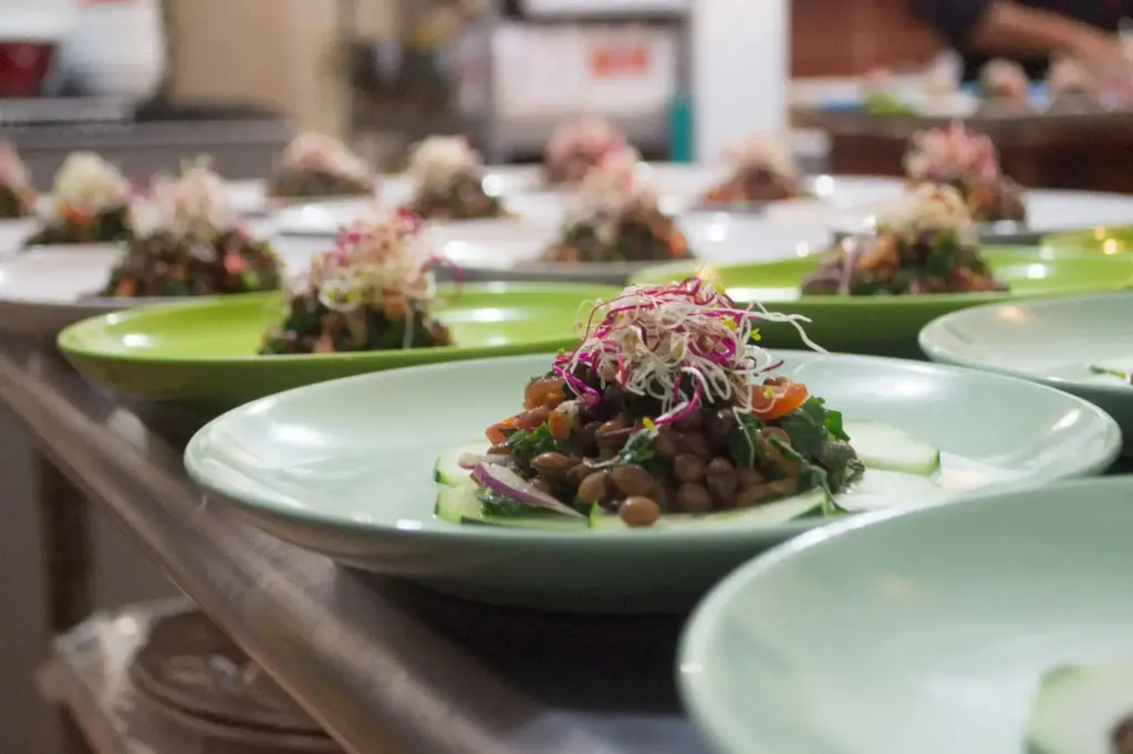 Assiettes colorées garnies d'une salade de lentilles et de jeunes pousses.