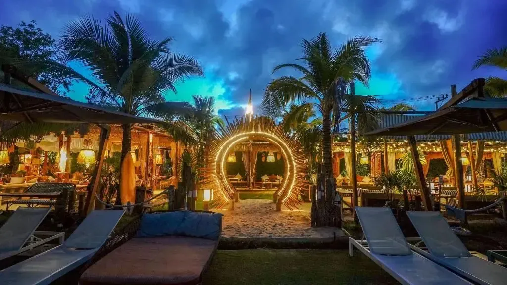 Ambiance chaleureuse avec des transats et une arche illuminée dans un jardin tropical.