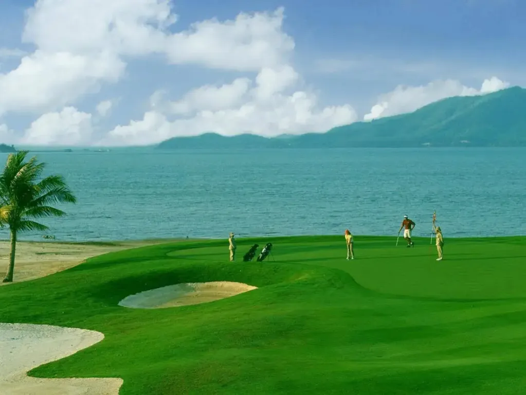 Des golfeurs pratiquent leur sport sur un terrain vert face à la mer.