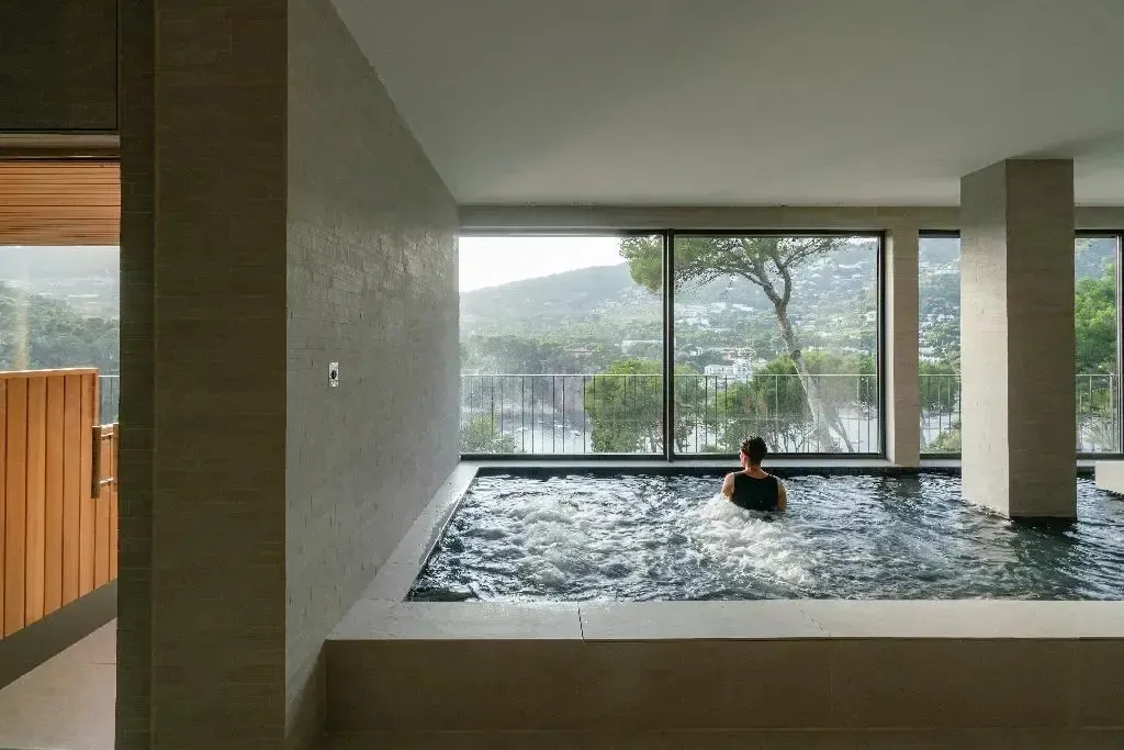 Une personne se détend dans un bassin intérieur face à un paysage montagneux.