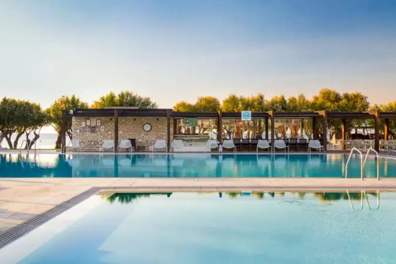 Une piscine rectangulaire avec des transats et un bar en arrière-plan.