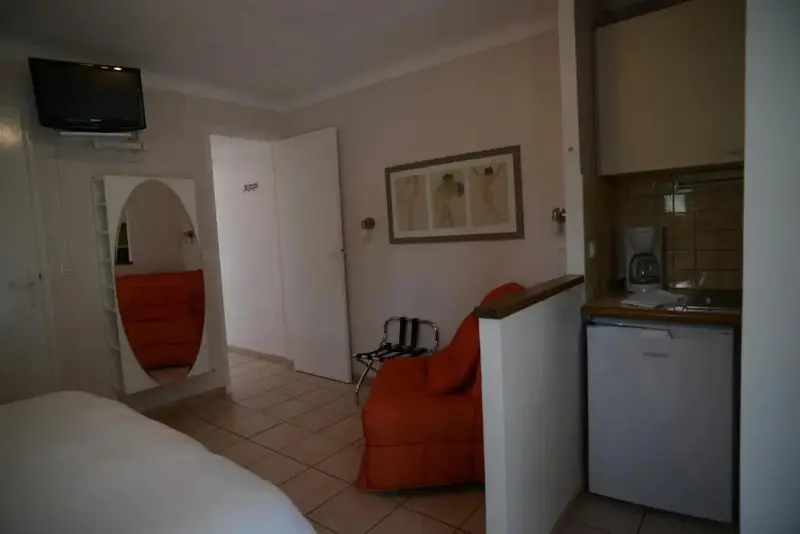 Une chambre lumineuse avec un coin salon et une kitchenette.