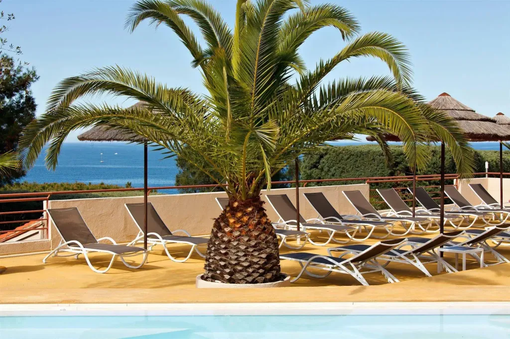 Transats alignés au bord d'une piscine ensoleillée, avec vue sur la mer.