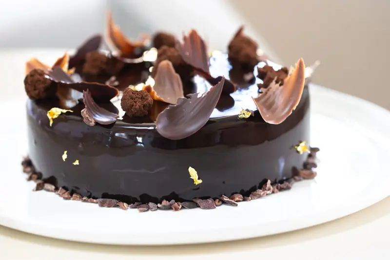 Un gâteau au chocolat décoré de copeaux et de feuilles de chocolat est présenté sur une assiette blanche.