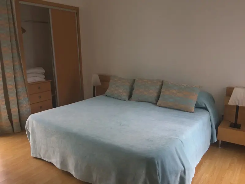 Une chambre lumineuse avec un grand lit recouvert d'une couverture claire et de coussins décoratifs.