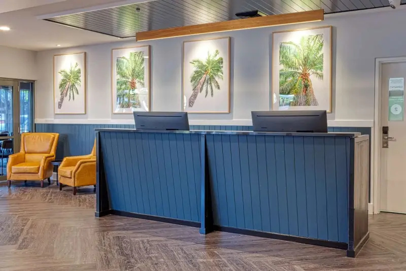 Un comptoir d'accueil moderne avec des fauteuils et des illustrations tropicales.