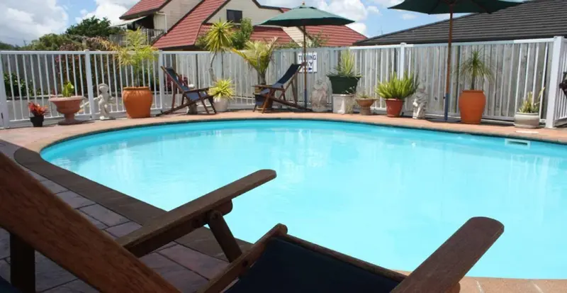 Une piscine rectangulaire entourée de chaises longues et de plantes.