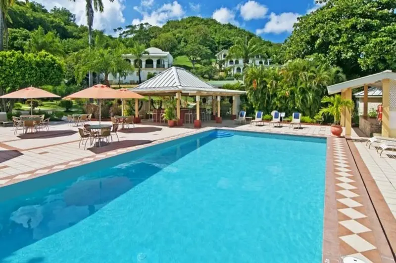 Une piscine rectangulaire bordée d'une terrasse avec parasols et chaises longues.