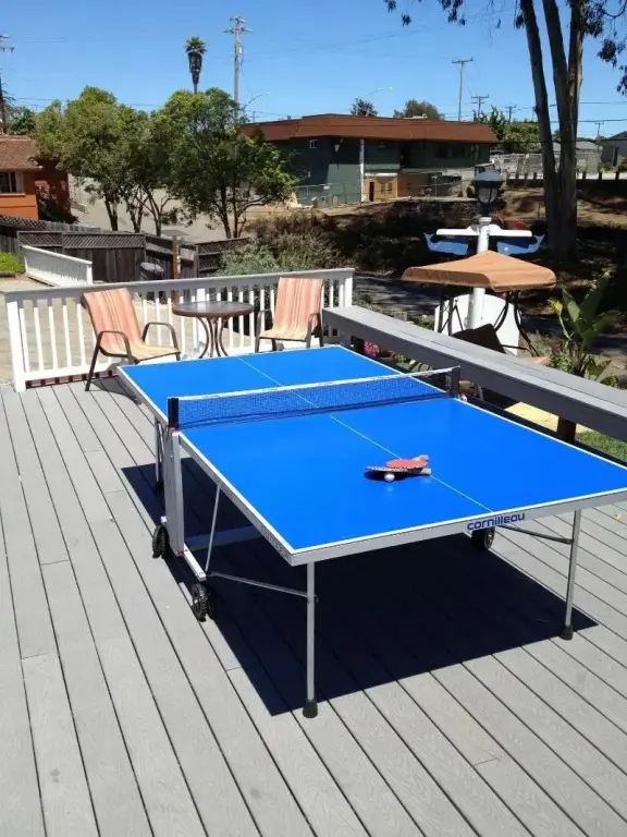 Une terrasse en bois abrite une table de ping-pong et des chaises longues.