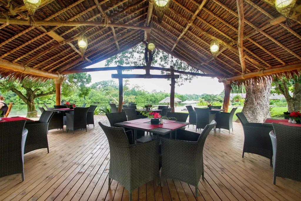 Une salle à manger extérieure abritée sous une toiture en chaume offre une vue sur la végétation luxuriante.