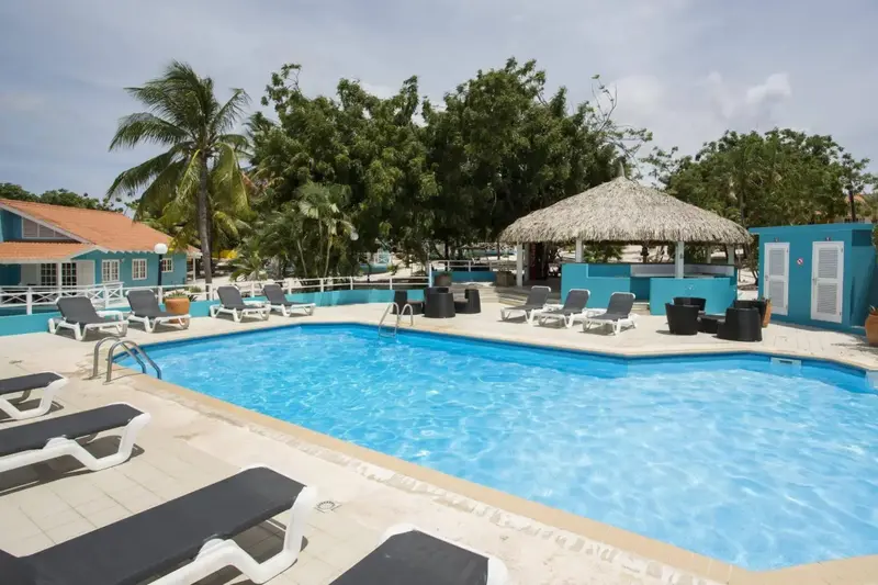 Une piscine turquoise bordée de transats blancs sous le soleil.