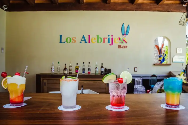 Un comptoir de bar présente une rangée de boissons colorées.