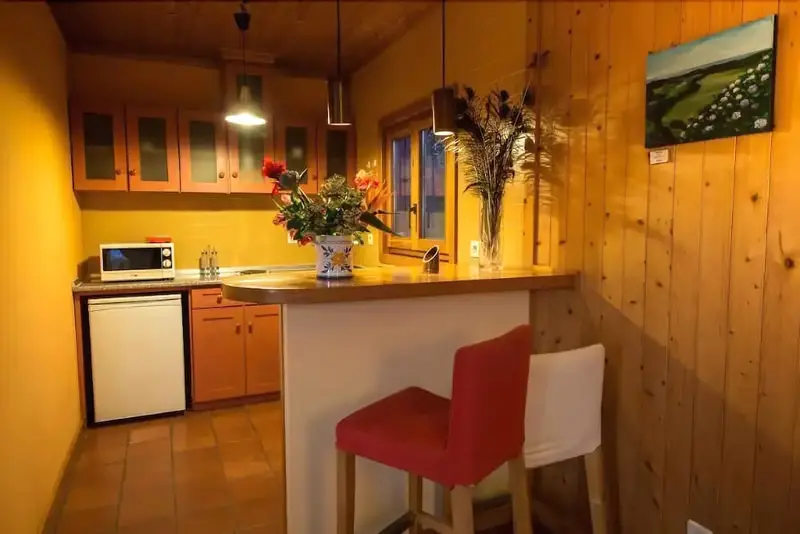 Une cuisine lumineuse avec un plan de travail et des fleurs fraîches.