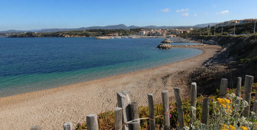 Une plage de galets bordée d'une eau turquoise et d'une végétation fleurie.