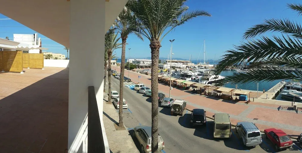 Vue d'une promenade en bord de mer avec des véhicules et des palmiers.