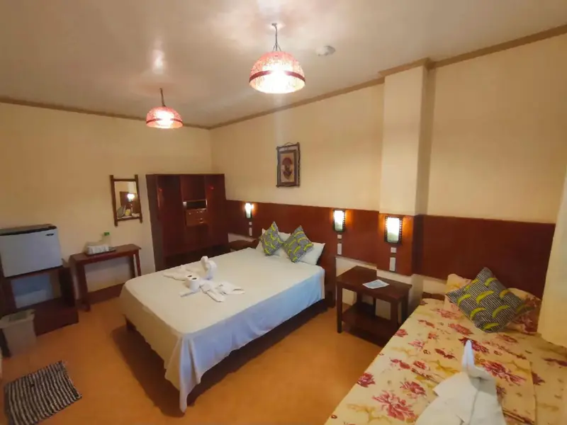 Une chambre lumineuse avec un grand lit et un lit d'appoint.