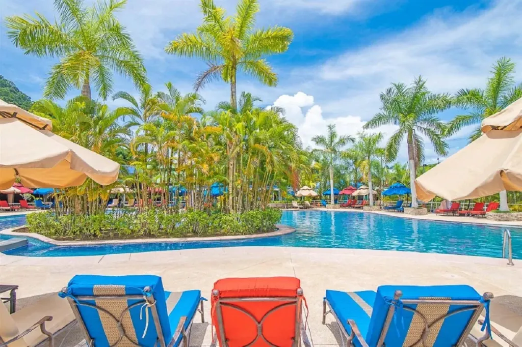 Transats colorés au bord d'une piscine ensoleillée, entourée de végétation tropicale.