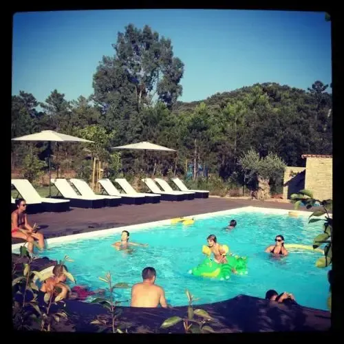 Une piscine ensoleillée avec des personnes se relaxant au bord et dans l'eau.