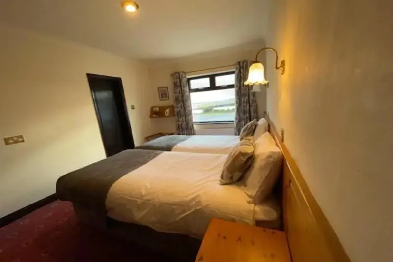 Une chambre lumineuse avec deux lits simples et une fenêtre donnant sur un paysage.