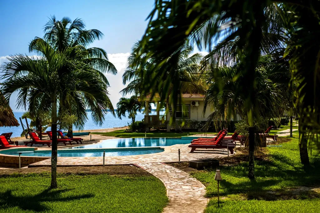 Une piscine bordée de transats se trouve dans un jardin tropical.