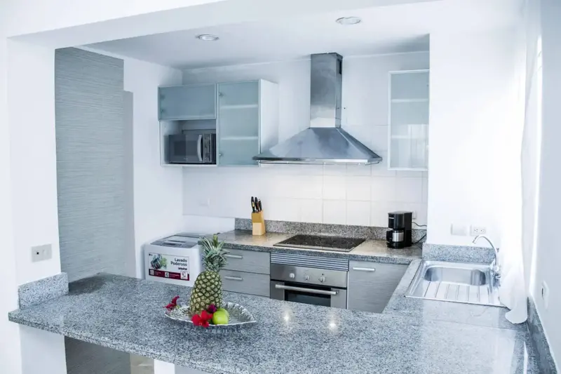 Une cuisine moderne avec un plan de travail en granit et des appareils en acier inoxydable.