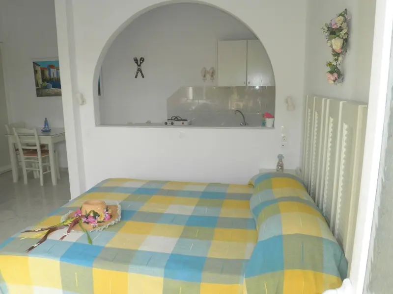 Une chambre lumineuse avec un lit recouvert d'un plaid coloré et une kitchenette ouverte.