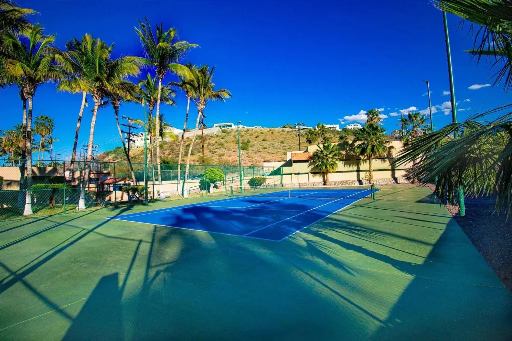 Terrain de tennis en extérieur ombragé par des palmiers sous un ciel bleu.