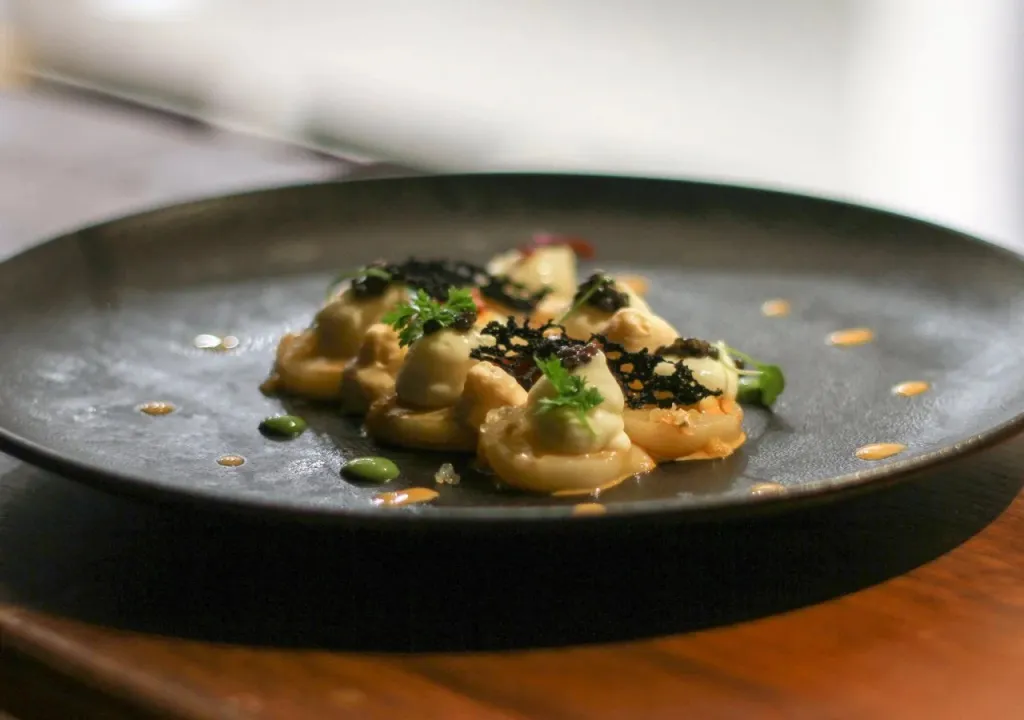 Assiette raffinée ornée de raviolis et d'une sauce sombre.