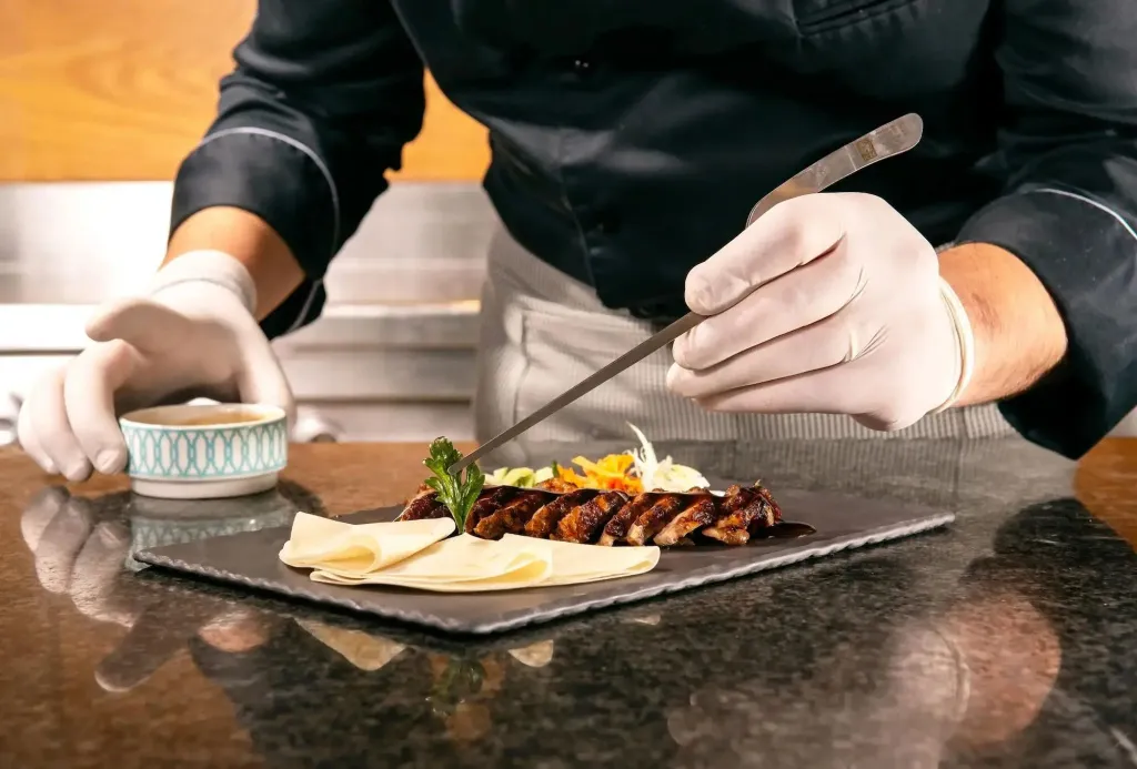 Un chef prépare un plat de viande avec une présentation soignée.