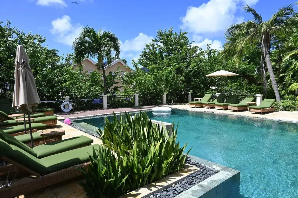 Une piscine bordée de transats verts et de végétation luxuriante.