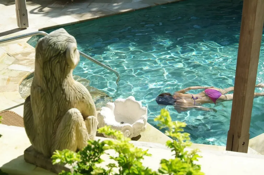 Une personne nage dans une piscine bordée de pierre et agrémentée d'une statue.