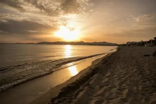 Le soleil se couche sur une plage de sable fin.