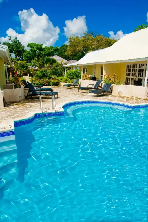 Une piscine turquoise invite à la détente dans un cadre tropical ensoleillé.