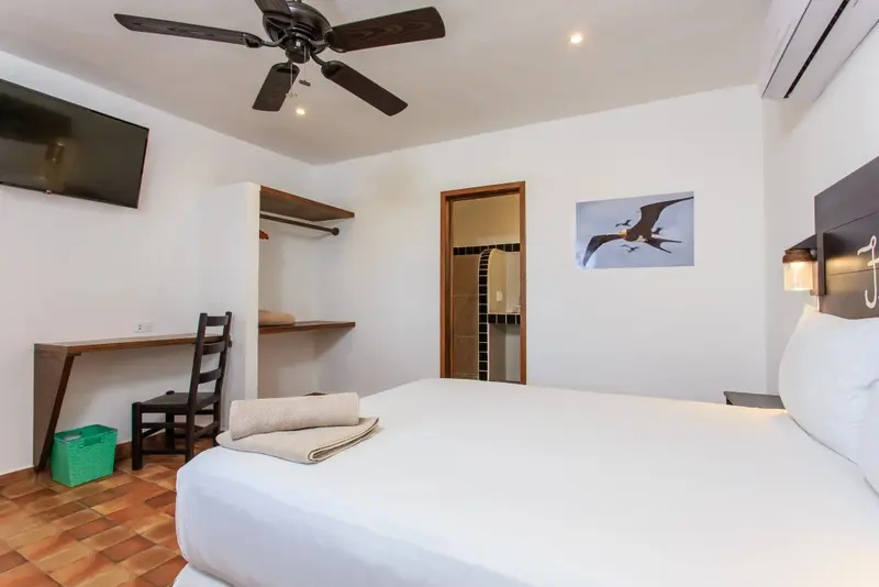 Une chambre lumineuse avec un grand lit recouvert de draps blancs.