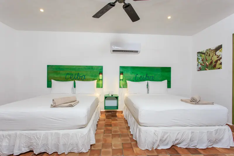 Une chambre lumineuse avec deux lits simples et une décoration murale verte.