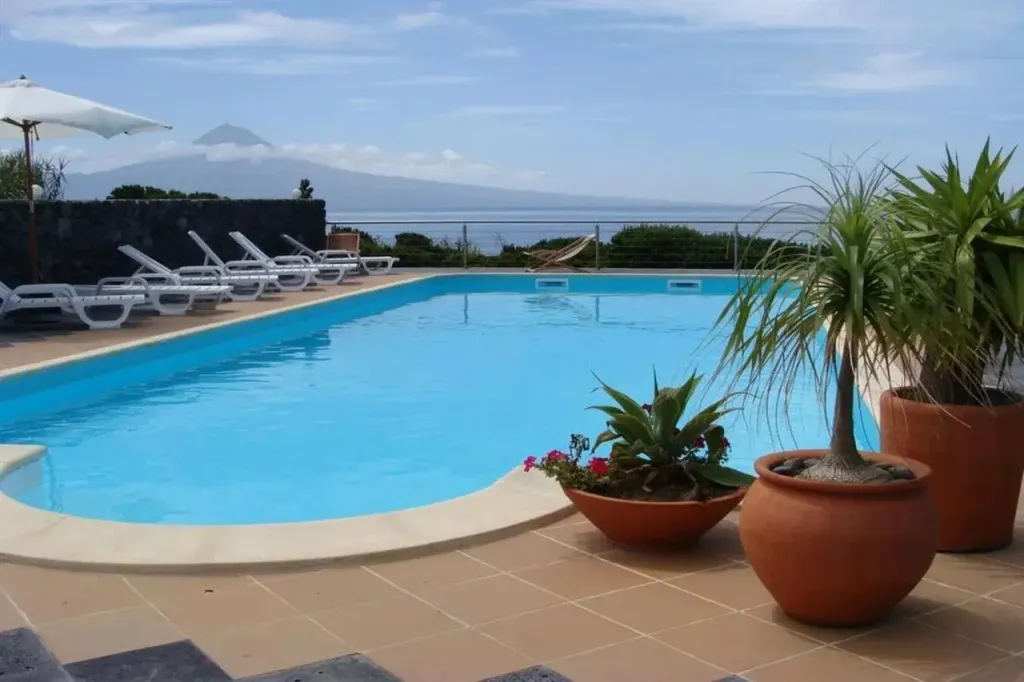 Une piscine rectangulaire bordée de chaises longues et de plantes en pot, avec une vue sur la mer et un volcan en arrière-plan.