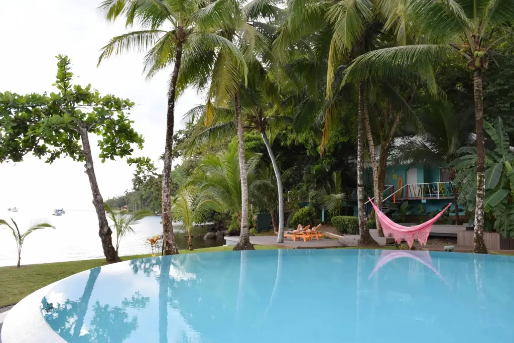 Piscine bordée de végétation tropicale avec vue sur la mer.